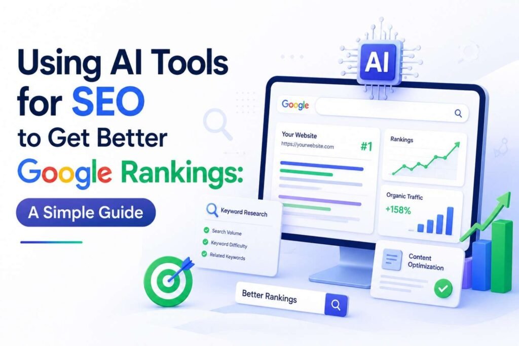 illustration showing keyword research, content optimization, and Google ranking growth.